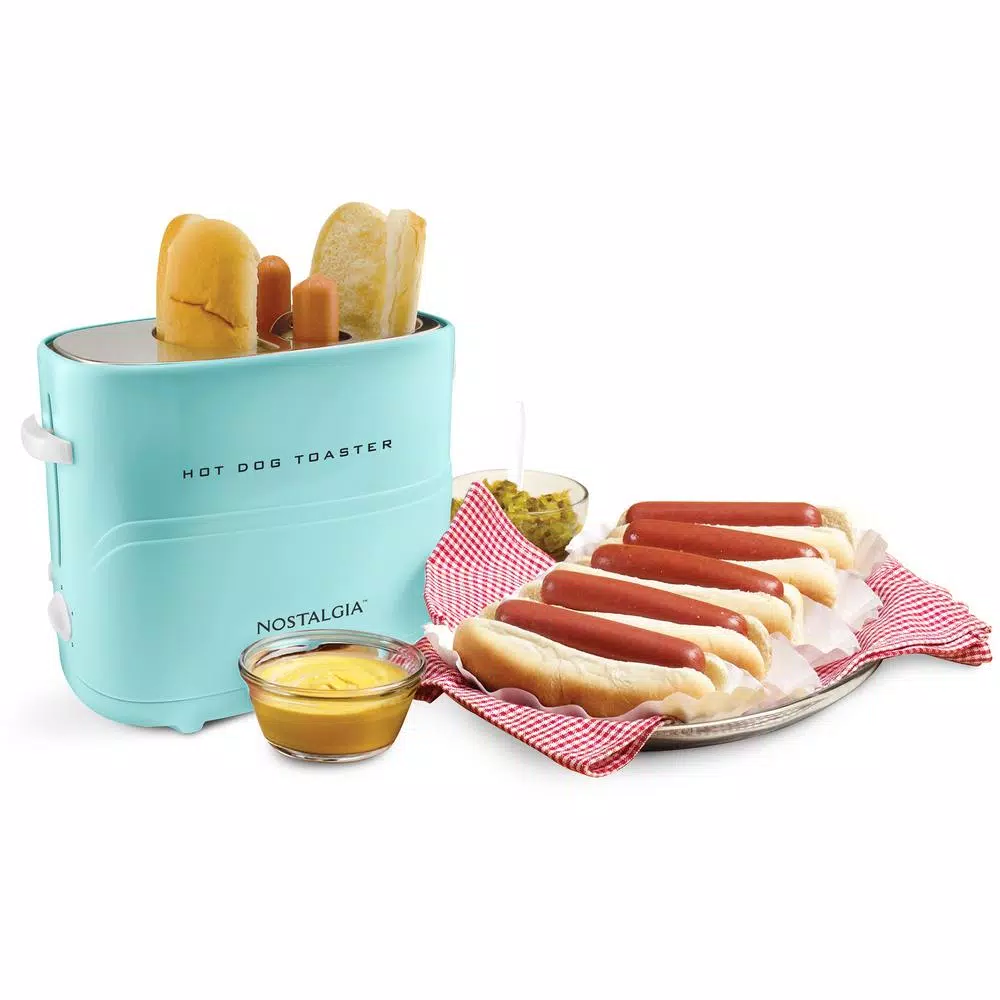 Nostalgia Retro Series 2-Slice Aqua Long Slot Hot Dog and Bun Toaster with Crumb Tray and Mini Tongs Toasters Nostalgia Retro Series 2-Slice Aqua Long Slot Hot Dog And Bun Toaster With Crumb Tray And Mini Tongs -Costway Shop aqua nostalgia pop up toasters hdt600aq 4f 1000