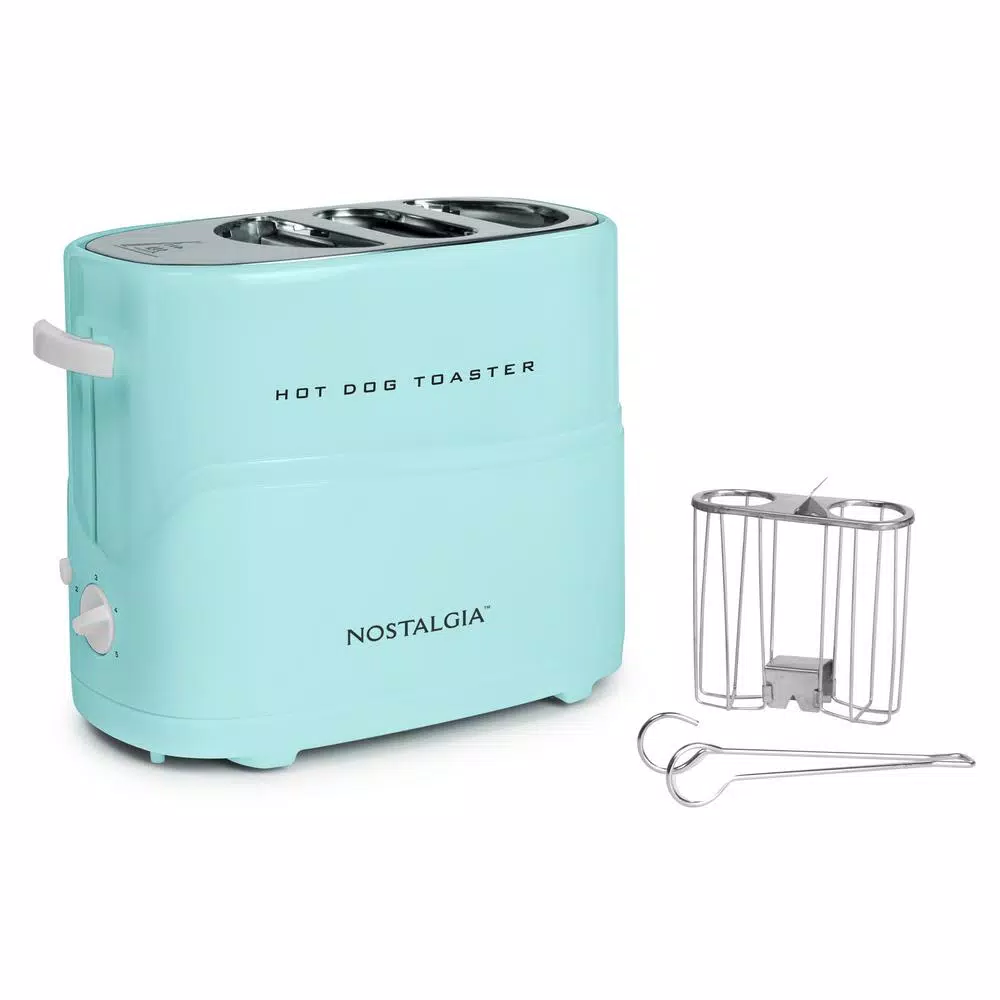 Nostalgia Retro Series 2-Slice Aqua Long Slot Hot Dog and Bun Toaster with Crumb Tray and Mini Tongs Toasters Nostalgia Retro Series 2-Slice Aqua Long Slot Hot Dog And Bun Toaster With Crumb Tray And Mini Tongs -Costway Shop aqua nostalgia pop up toasters hdt600aq 64 1000
