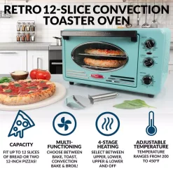 Toasters Nostalgia Retro 1500 W Aqua 12-Slice Convection Toaster Oven With Built-in Timer 3 Toasters Nostalgia Retro 1500 W Aqua 12-Slice Convection Toaster Oven With Built-in Timer -Costway Shop aqua nostalgia toaster ovens rtov2aq c3 1000