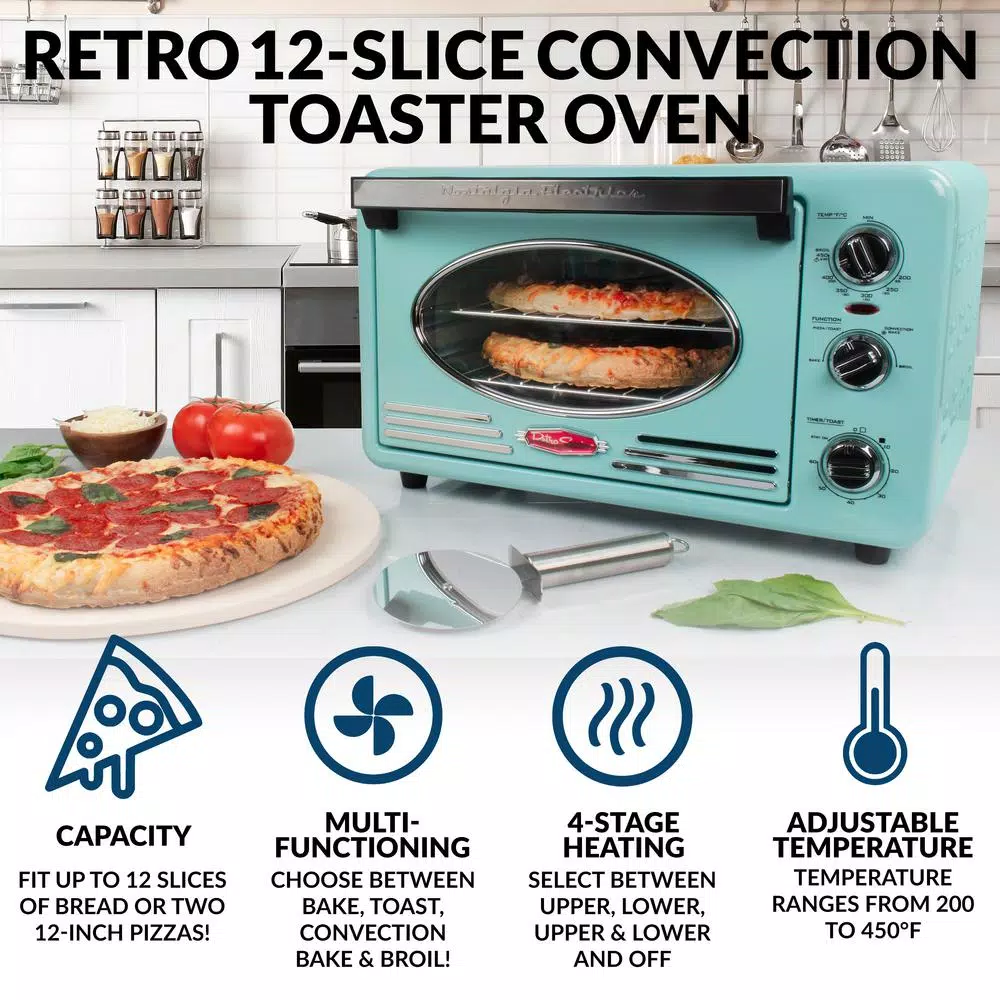 Nostalgia Retro 1500 W Aqua 12-Slice Convection Toaster Oven with Built-in Timer Toasters Nostalgia Retro 1500 W Aqua 12-Slice Convection Toaster Oven With Built-in Timer -Costway Shop aqua nostalgia toaster ovens rtov2aq c3 1000