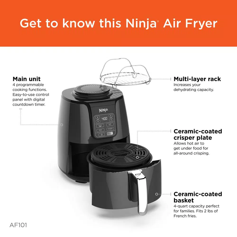 NINJA 4 Qt. Electric Black Air Fryer with Recipe Book Air Fryers NINJA 4 Qt. Electric Black Air Fryer With Recipe Book -Costway Shop black and gray ninja air fryers af101 4f 1000
