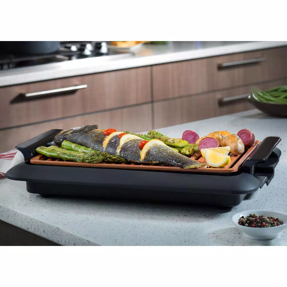 Gotham Steel 234 sq. in. Black Copper Non-Stick Ti-Ceramic Smoke-less Indoor Grill Electric Skillets & Indoor Grills Gotham Steel 234 Sq. In. Black Copper Non-Stick Ti-Ceramic Smoke-less Indoor Grill -Costway Shop black copper gotham steel indoor grills 1619 1f 1000