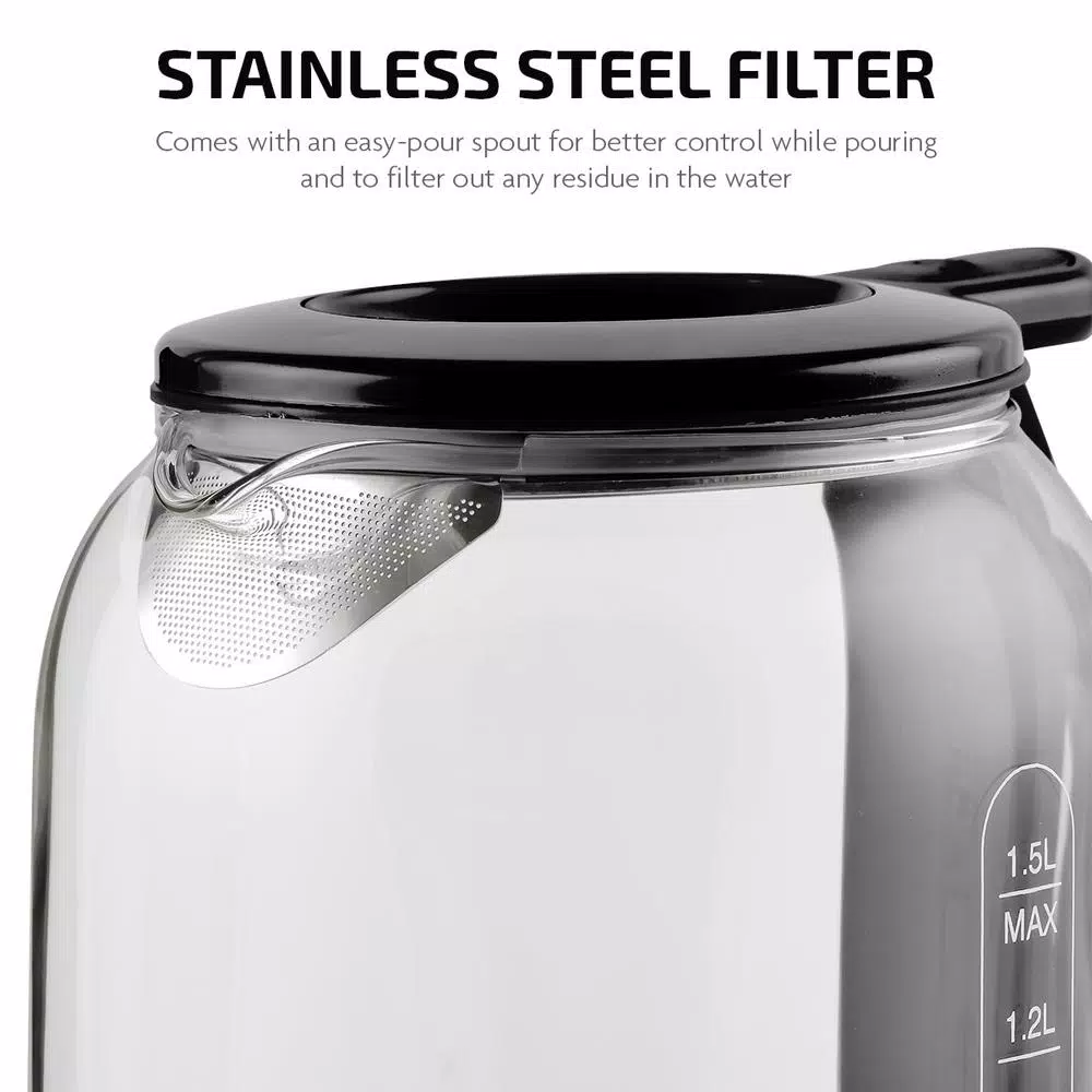 Ovente 6.3-Cup Black Glass Electric Kettle with ProntoFill Technology – Fill Up with the Lid On Electric Kettles Ovente 6.3-Cup Black Glass Electric Kettle With ProntoFill Technology – Fill Up With The Lid On -Costway Shop black ovente electric kettles kg516b 1f 1000