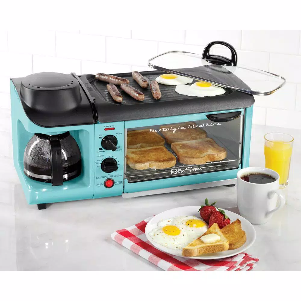 Nostalgia Retro Breakfast Center 1500 W 4-Slice Blue Toaster Oven with Built-In Timer Toasters Nostalgia Retro Breakfast Center 1500 W 4-Slice Blue Toaster Oven With Built-In Timer -Costway Shop blue nostalgia toaster ovens bset300blue c3 1000
