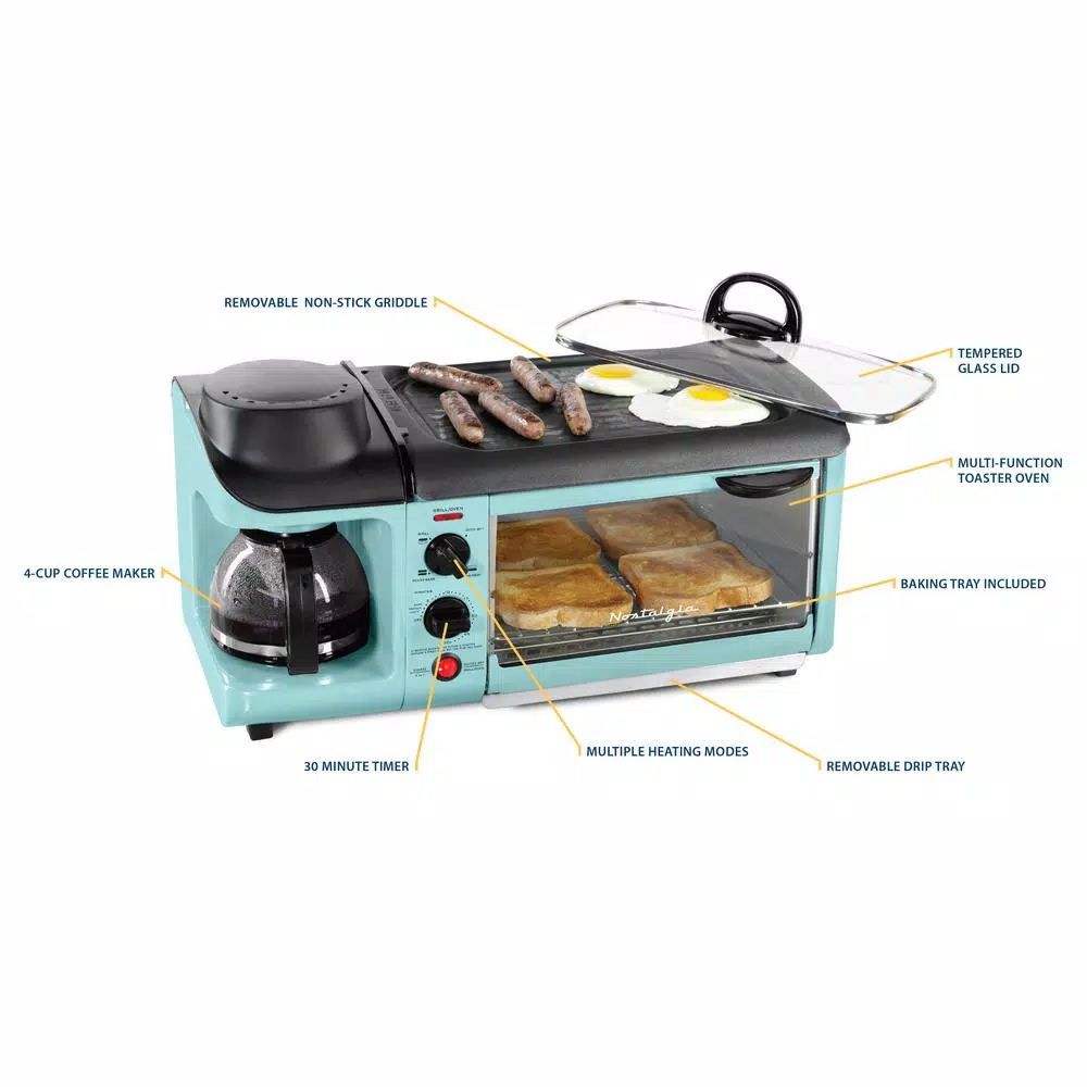 Nostalgia Retro Breakfast Center 1500 W 4-Slice Blue Toaster Oven with Built-In Timer Toasters Nostalgia Retro Breakfast Center 1500 W 4-Slice Blue Toaster Oven With Built-In Timer -Costway Shop blue nostalgia toaster ovens bset300blue fa 1000