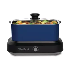 Cookers West Bend 5 Qt. Blue Non-Stick Versatility Slow Cooker With 5-Temperature Settings Includes Travel Lid And Thermal Tote -Costway Shop blue west bend slow cookers 87905b 4f 1000