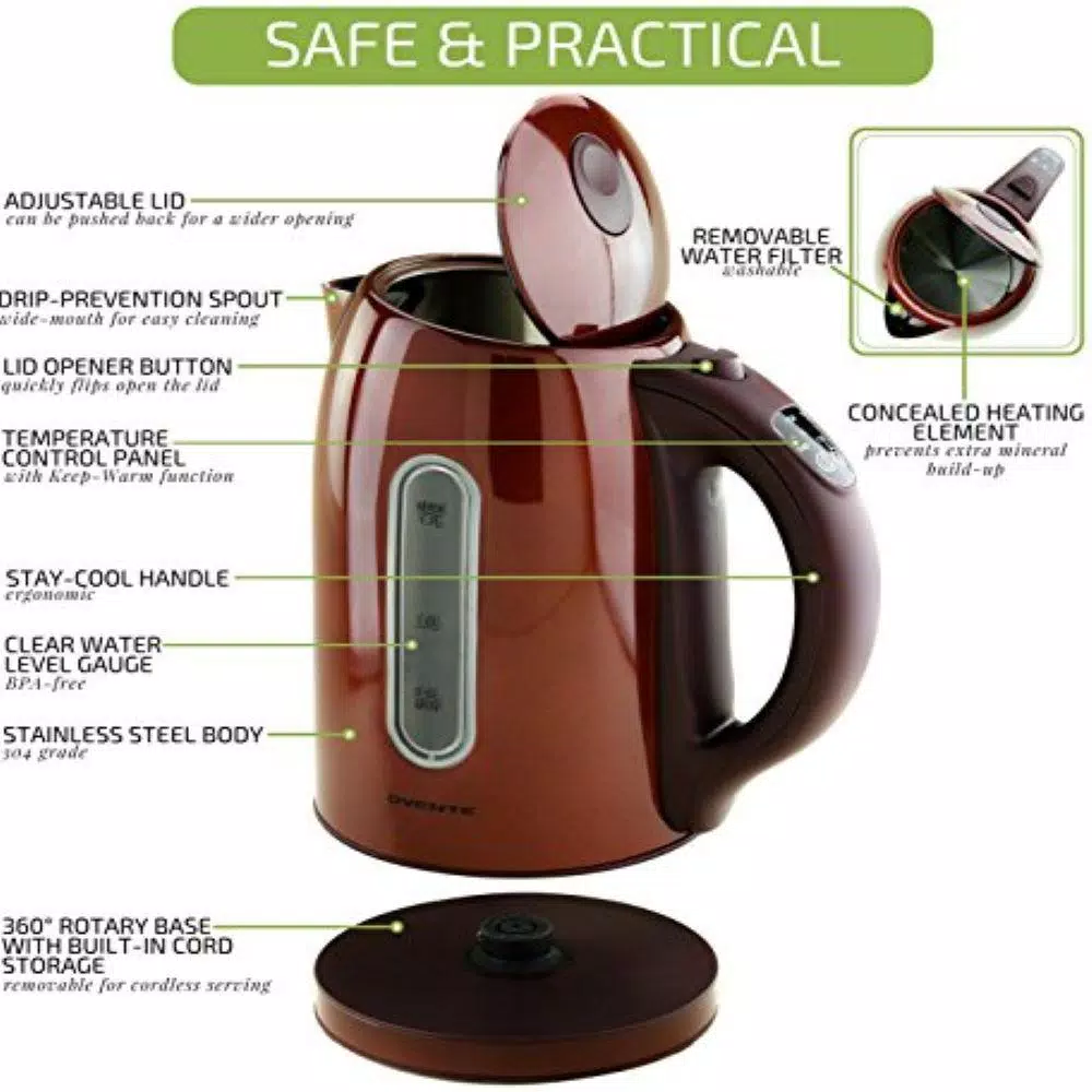 Ovente KS89BR 7-Cup Brown BPA-Free Electric Kettle, 5 Preset Settings with Auto Shut-Off and Boil-Dry Protection Electric Kettles Ovente KS89BR 7-Cup Brown BPA-Free Electric Kettle, 5 Preset Settings With Auto Shut-Off And Boil-Dry Protection -Costway Shop brown ovente electric kettles ks89br c3 1000
