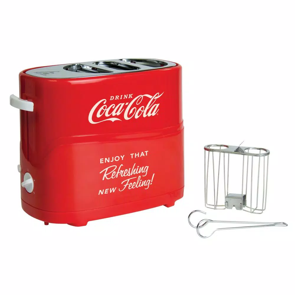 Nostalgia Retro Series 2-Slice Coca-Cola Long Slot Hot Dog and Bun Toaster with Crumb Tray and Mini Tongs Toasters Nostalgia Retro Series 2-Slice Coca-Cola Long Slot Hot Dog And Bun Toaster With Crumb Tray And Mini Tongs -Costway Shop coca cola nostalgia pop up toasters hdt600coke 64 1000