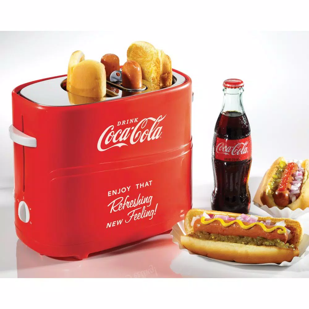 Nostalgia Retro Series 2-Slice Coca-Cola Long Slot Hot Dog and Bun Toaster with Crumb Tray and Mini Tongs Toasters Nostalgia Retro Series 2-Slice Coca-Cola Long Slot Hot Dog And Bun Toaster With Crumb Tray And Mini Tongs -Costway Shop coca cola nostalgia pop up toasters hdt600coke c3 1000