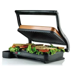 Electric Skillets & Indoor Grills Ovente Copper Electric Panini Press Grill, 2-Slice 1000-Watt Heating Plate, Drip Tray Included