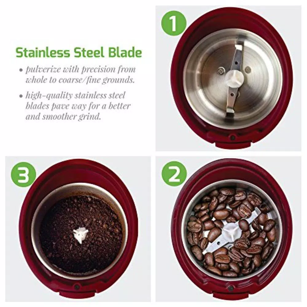 Ovente 2.5 oz. Maroon One-Touch Electric Coffee Grinder with Transparent Easy Open Lid and Stainless Steel Blades Coffee Makers Ovente 2.5 Oz. Maroon One-Touch Electric Coffee Grinder With Transparent Easy Open Lid And Stainless Steel Blades -Costway Shop maroon ovente coffee grinders cg225m 4f 1000
