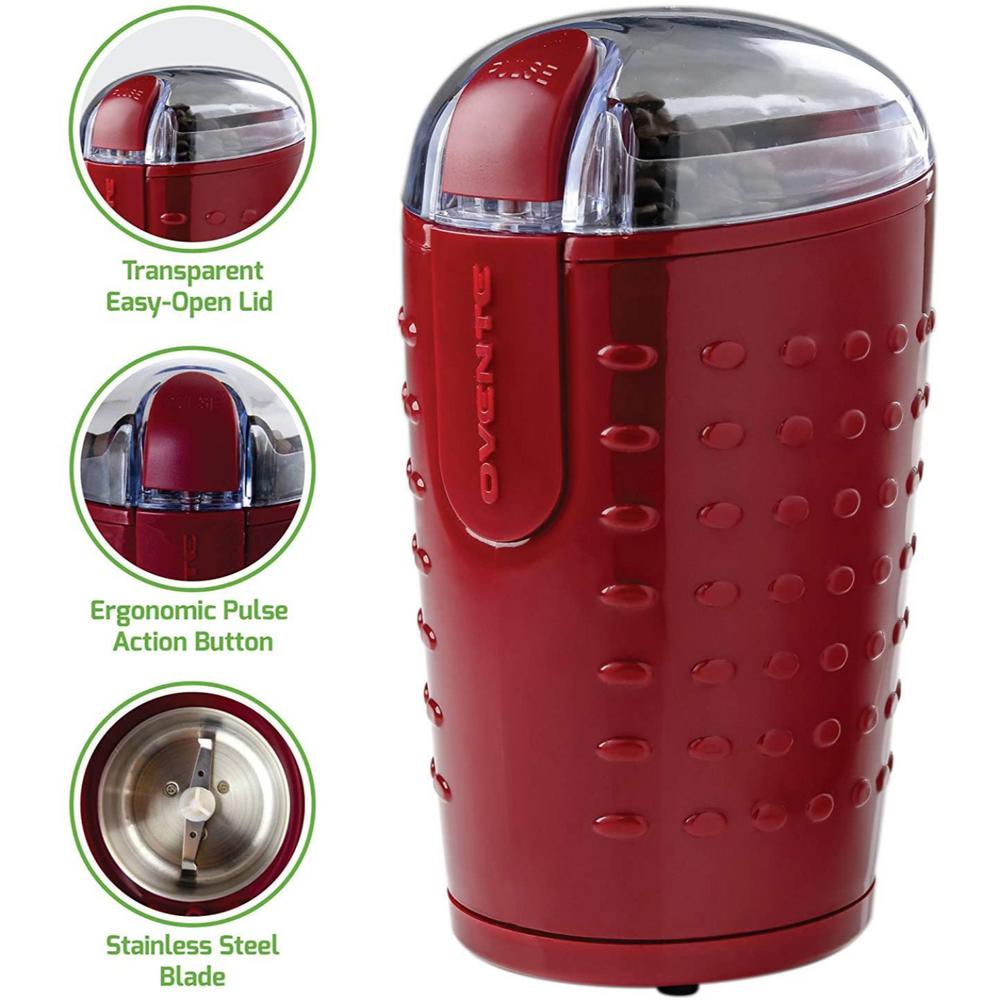 Ovente 2.5 oz. Maroon One-Touch Electric Coffee Grinder with Transparent Easy Open Lid and Stainless Steel Blades Coffee Makers Ovente 2.5 Oz. Maroon One-Touch Electric Coffee Grinder With Transparent Easy Open Lid And Stainless Steel Blades -Costway Shop maroon ovente coffee grinders cg225m e1 1000