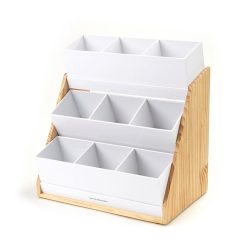 Coffee Makers Mind Reader 9-Compartment White Condiment Organizer With Wood Base