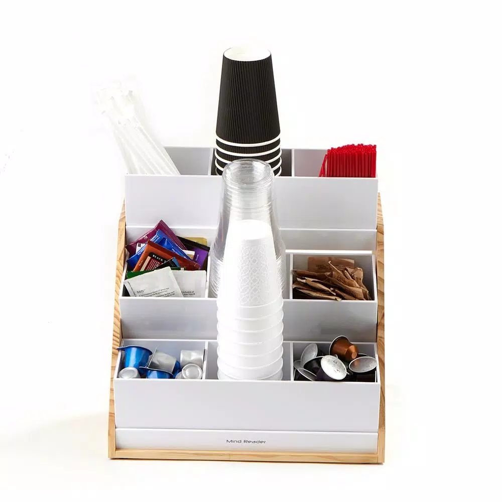 Mind Reader 9-Compartment White Condiment Organizer with Wood Base Coffee Makers Mind Reader 9-Compartment White Condiment Organizer With Wood Base -Costway Shop mind reader coffee accessories comp9wd wht c3 1000