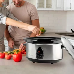 Cookers Ovente 3.7 Qt. Stainless Steel Electric Slow Cooker With Heat-Tempered Glass Lid, Adjustable Temperature Control, (SLO35ABR) -Costway Shop nickel brushed ovente slow cookers slo35abr 31 1000