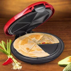 Electric Skillets & Indoor Grills Nostalgia 900 W Red Quesadilla Maker With Extra Stuffing Latch -Costway Shop red nostalgia panini presses tteqm10rd fa 1000