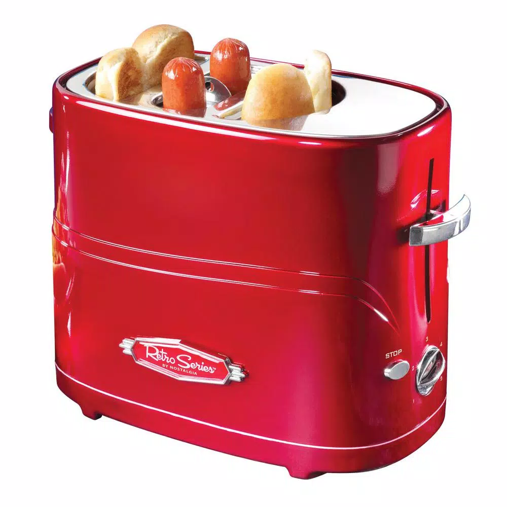 Toasters Nostalgia Retro Series 2-Slice Red Long Slot Hot Dog And Bun Toaster With Crumb Tray And Mini Tongs 3 Toasters Nostalgia Retro Series 2-Slice Red Long Slot Hot Dog And Bun Toaster With Crumb Tray And Mini Tongs