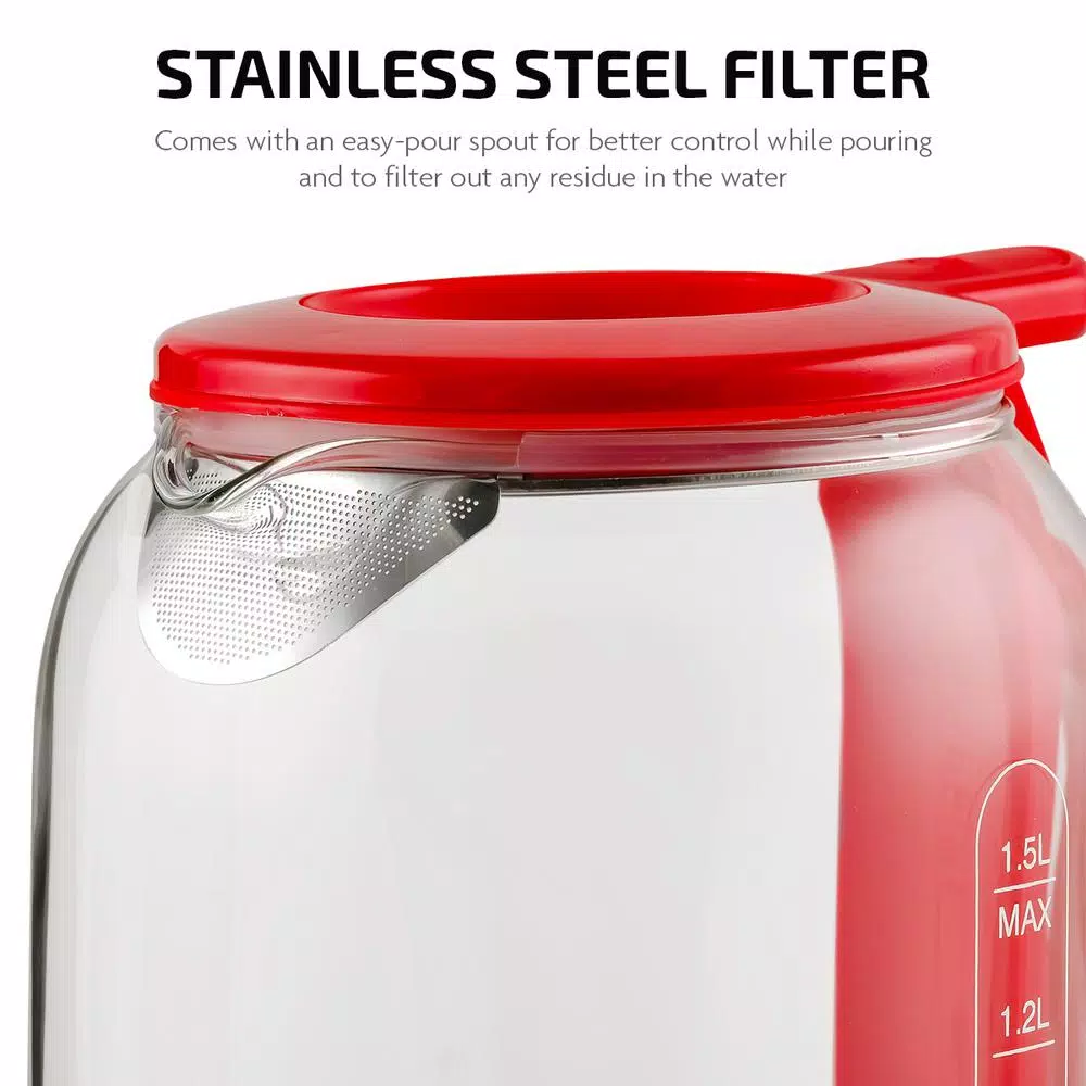 Ovente 6.3-Cup Red Glass Electric Kettle with ProntoFill Technology – Fill Up with the Lid On Electric Kettles Ovente 6.3-Cup Red Glass Electric Kettle With ProntoFill Technology – Fill Up With The Lid On -Costway Shop red ovente electric kettles kg516r 1f 1000