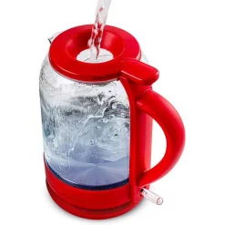 Electric Kettles Ovente 6.3-Cup Red Glass Electric Kettle With ProntoFill Technology – Fill Up With The Lid On