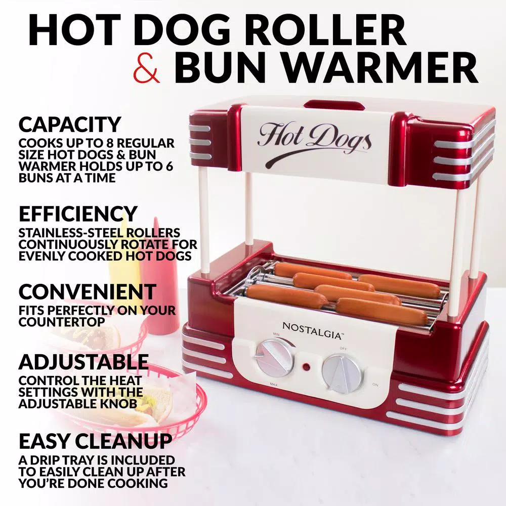 Nostalgia Retro Red Electric Hot Dog Roller and Bun Warmer Electric Skillets & Indoor Grills Nostalgia Retro Red Electric Hot Dog Roller And Bun Warmer -Costway Shop retro red nostalgia indoor grills hdr8rr c3 1000