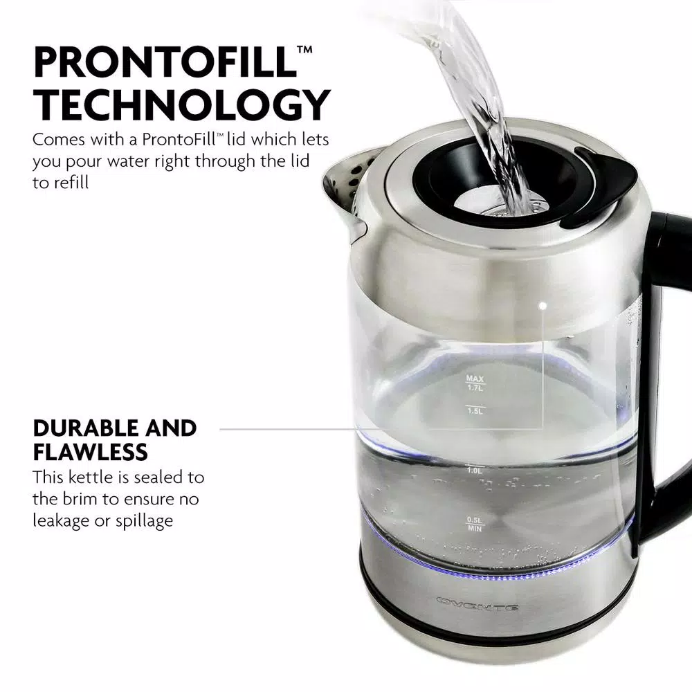 Ovente 7-Cup 1.7 l Silver Glass Electric Kettle with ProntoFill Technology-Fill Up with Lid On Electric Kettles Ovente 7-Cup 1.7 L Silver Glass Electric Kettle With ProntoFill Technology-Fill Up With Lid On -Costway Shop silver ovente electric kettles kg612s c3 1000