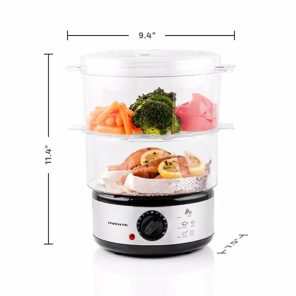 Cookers Ovente 20-Cup Silver 2-Tier Food Steamer With Stainless Steel Base And Plastic Containers 7 Cookers Ovente 20-Cup Silver 2-Tier Food Steamer With Stainless Steel Base And Plastic Containers - Image 5