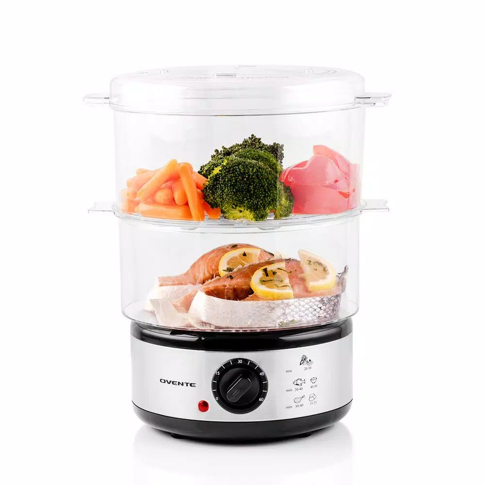 Cookers Ovente 20-Cup Silver 2-Tier Food Steamer With Stainless Steel Base And Plastic Containers 3 Cookers Ovente 20-Cup Silver 2-Tier Food Steamer With Stainless Steel Base And Plastic Containers