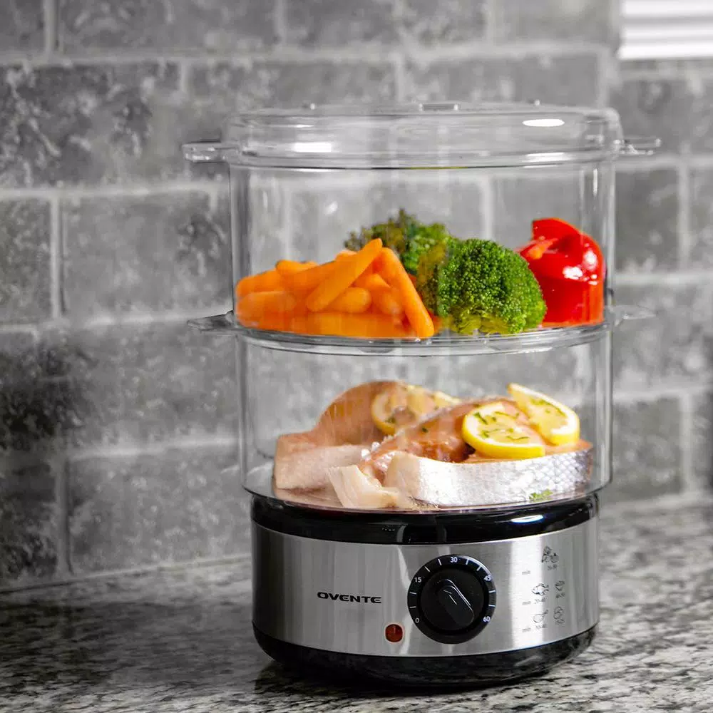 Cookers Ovente 20-Cup Silver 2-Tier Food Steamer With Stainless Steel Base And Plastic Containers 9 Cookers Ovente 20-Cup Silver 2-Tier Food Steamer With Stainless Steel Base And Plastic Containers - Image 7
