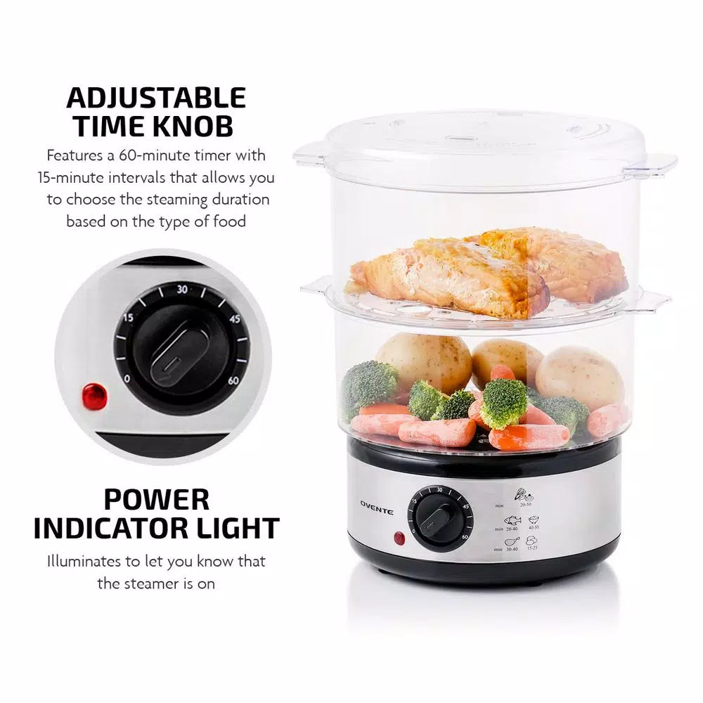 Cookers Ovente 20-Cup Silver 2-Tier Food Steamer With Stainless Steel Base And Plastic Containers 4 Cookers Ovente 20-Cup Silver 2-Tier Food Steamer With Stainless Steel Base And Plastic Containers - Image 2