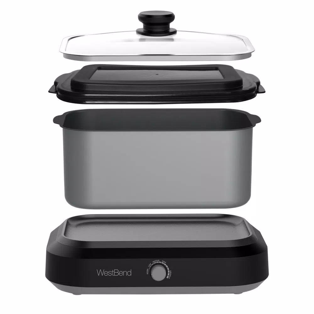 West Bend 6 qt. Silver Non-Stick Versatility Slow Cooker with 5-Temperature Settings Includes Travel Lid and Thermal Tote Cookers West Bend 6 Qt. Silver Non-Stick Versatility Slow Cooker With 5-Temperature Settings Includes Travel Lid And Thermal Tote -Costway Shop silver west bend slow cookers 87906 1f 1000