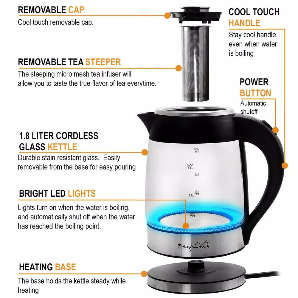 MegaChef 7.6 Cup Stainless Steel Cordless Electric Kettle with LED Base Electric Kettles MegaChef 7.6 Cup Stainless Steel Cordless Electric Kettle With LED Base -Costway Shop stainless steel megachef electric kettles 985111762m 44 1000