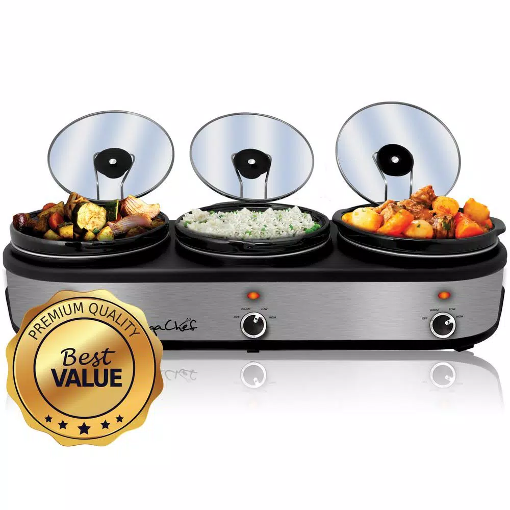 MegaChef 7.5 Qt. Stainless Steel Slow Cooker with 3 Crocks and Keep Warm Setting Cookers MegaChef 7.5 Qt. Stainless Steel Slow Cooker With 3 Crocks And Keep Warm Setting -Costway Shop stainless steel megachef slow cookers 985109458m c3 1000
