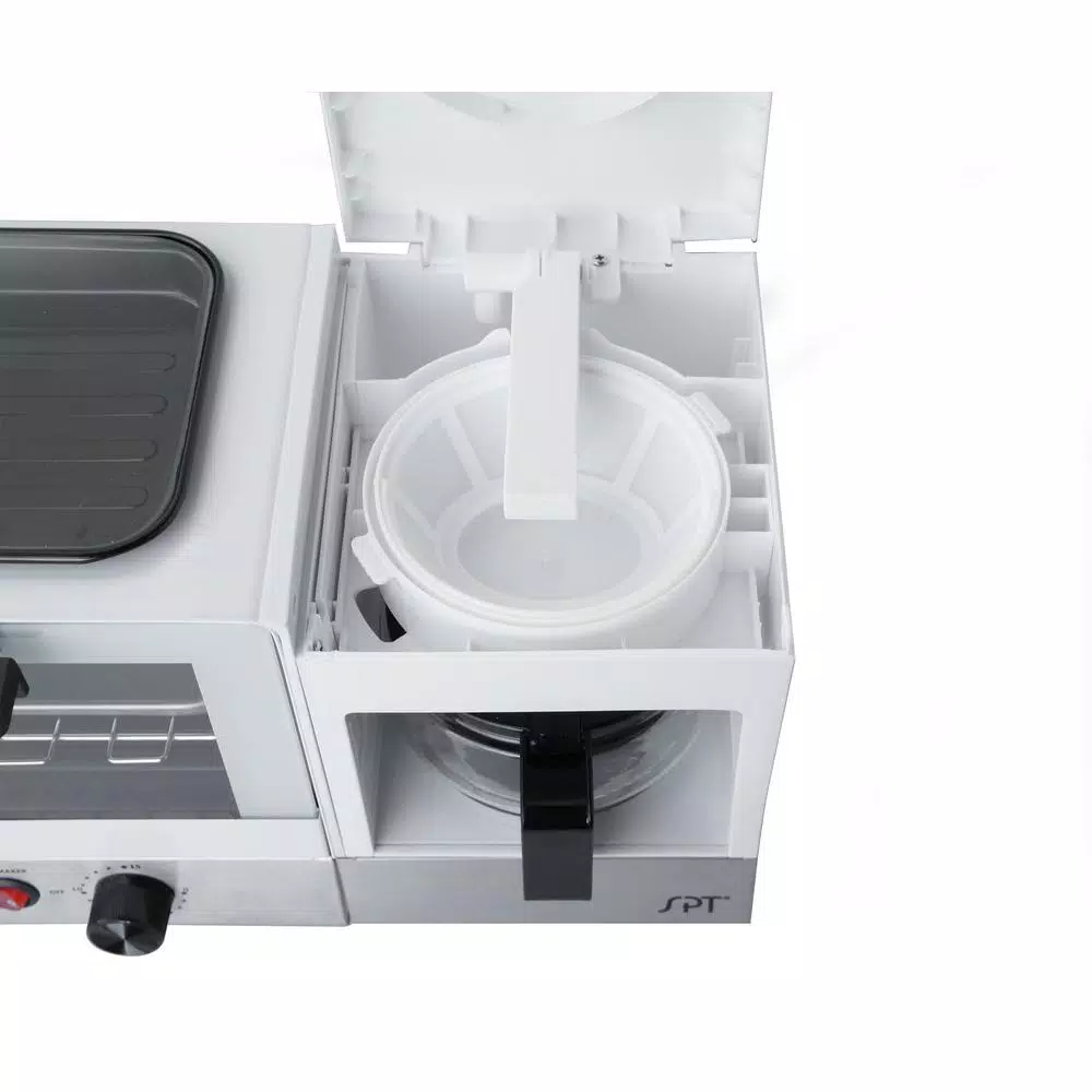 SPT Breakfast Center 1450 W 2-Slice White and Stainless Steel Toaster Oven with Griddle and Coffee Maker Toasters SPT Breakfast Center 1450 W 2-Slice White And Stainless Steel Toaster Oven With Griddle And Coffee Maker -Costway Shop white and stainless steel spt toaster ovens bm 1120w 1f 1000