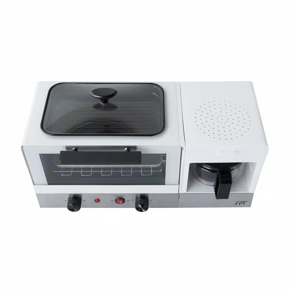 SPT Breakfast Center 1450 W 2-Slice White and Stainless Steel Toaster Oven with Griddle and Coffee Maker Toasters SPT Breakfast Center 1450 W 2-Slice White And Stainless Steel Toaster Oven With Griddle And Coffee Maker -Costway Shop white and stainless steel spt toaster ovens bm 1120w 4f 1000