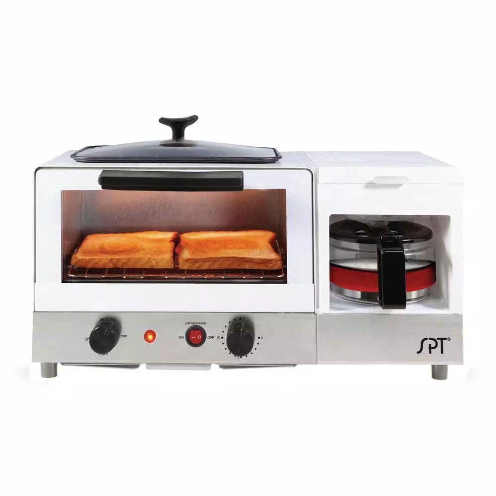 SPT Breakfast Center 1450 W 2-Slice White and Stainless Steel Toaster Oven with Griddle and Coffee Maker Toasters SPT Breakfast Center 1450 W 2-Slice White And Stainless Steel Toaster Oven With Griddle And Coffee Maker -Costway Shop white and stainless steel spt toaster ovens bm 1120w 64 1000