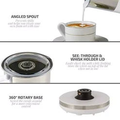 Coffee Makers Ovente 8.1 Oz. White Stainless Steel Electric Milk Frother 3 In 1-Warming, Heating And Frothing, See-Through Lid Plus Whisks -Costway Shop white ovente milk frothers fr1208w 1f 1000